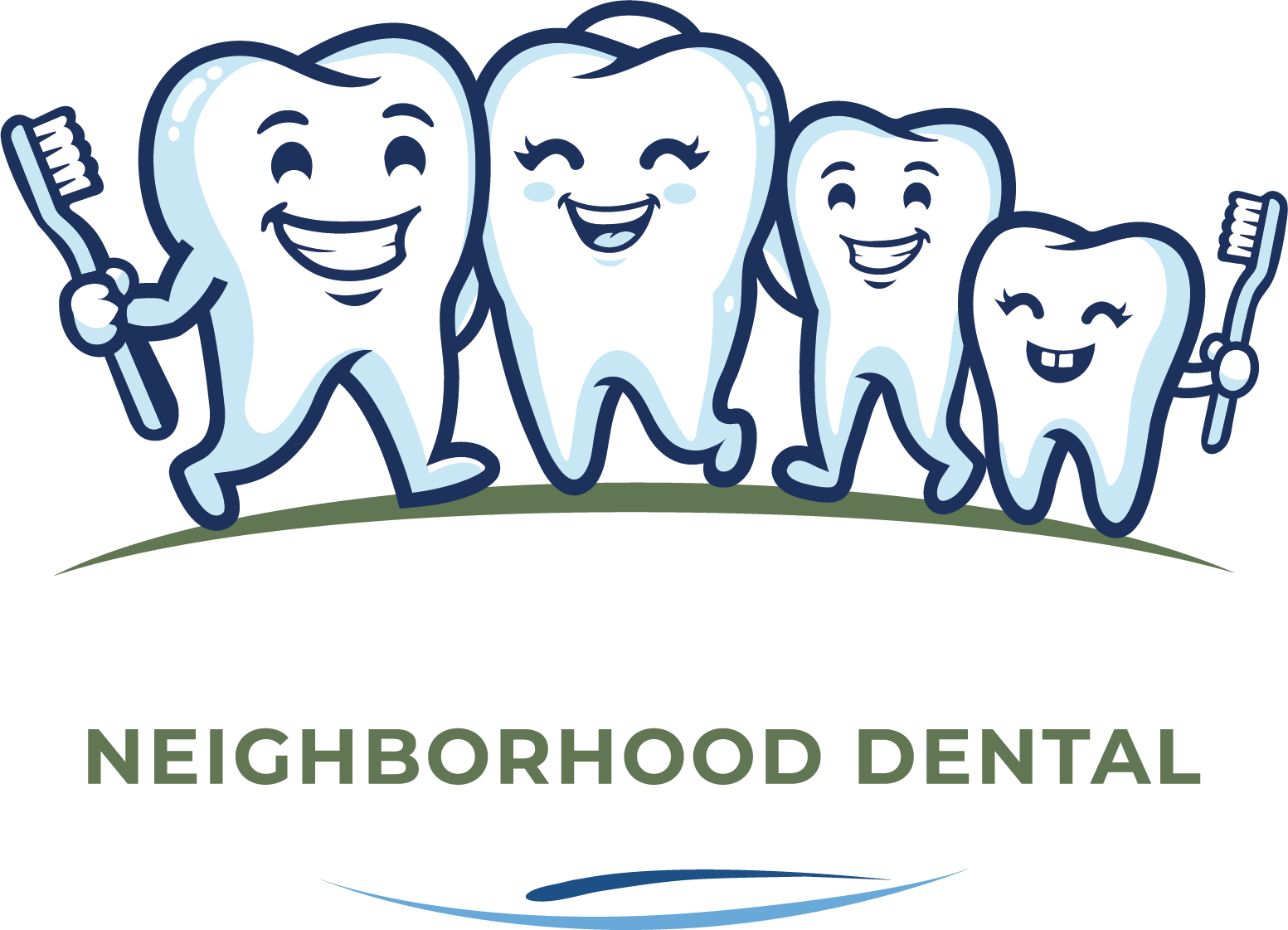 Neighborhood Dental logo with smiling cartoon teeth and a toothbrush in blue and green