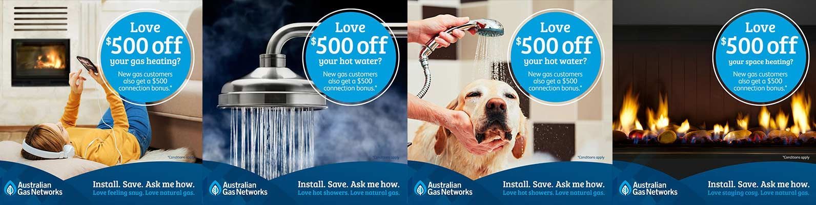 A collage of four pictures of a person , a dog , a fireplace , and a shower.