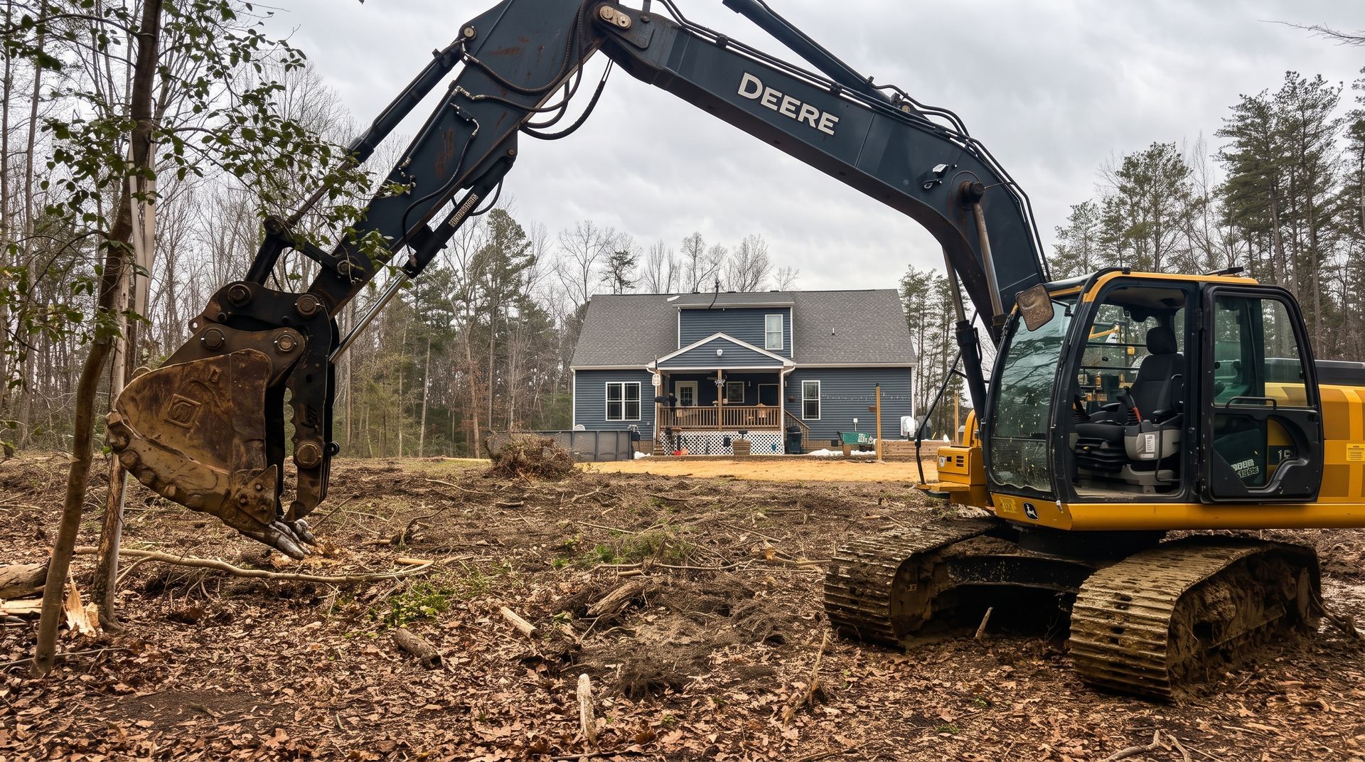 Construction site with excavators digging a deep trench along a dirt road