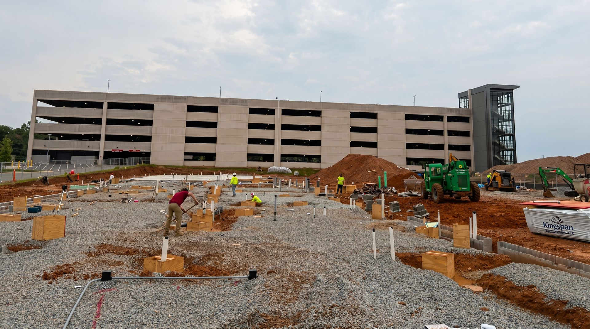 Construction site with foundation trenches, earth piles, and a crane beside a partially built structure