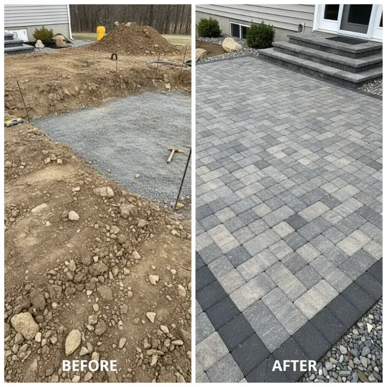 Before-and-after patio install: bare dirt becomes a gray paver patio beside house steps.