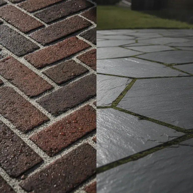 Close-up of a brick and gray stone walkway with diagonal paving patterns and moss-filled gaps