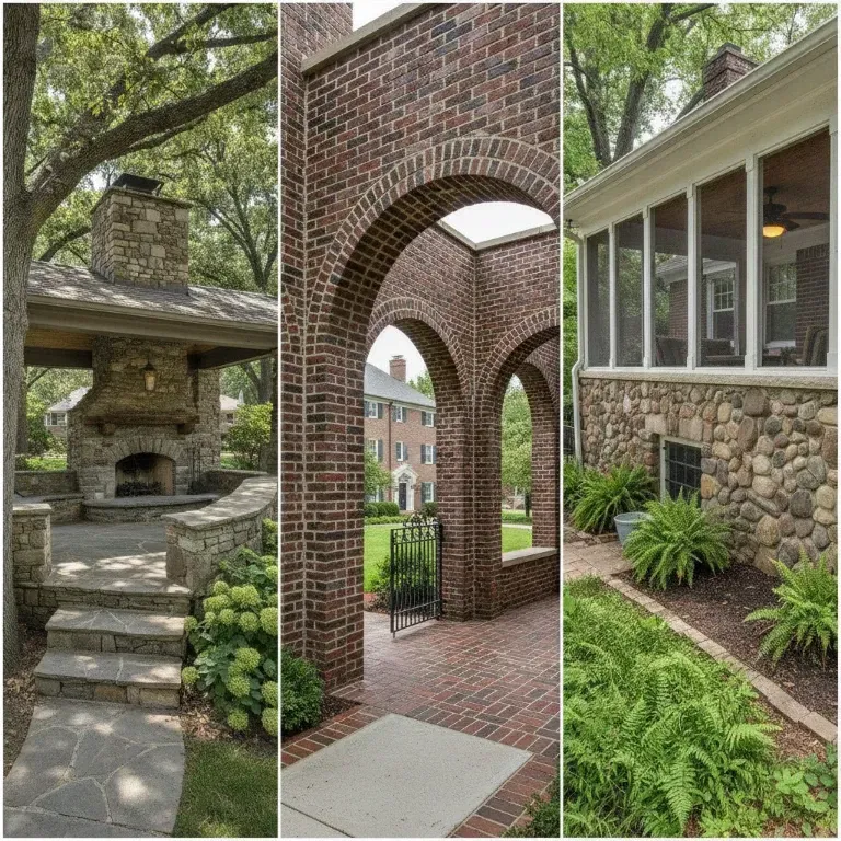 Three views of a brick-and-stone garden walkway, archway, and porch surrounded by greenery