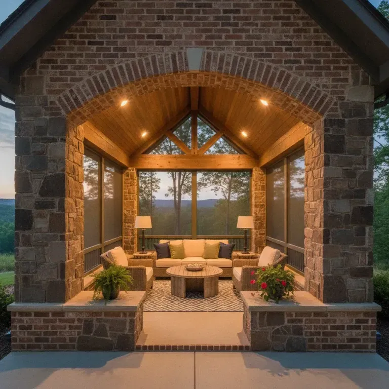 Cozy covered stone porch with warm lights, wicker seating, and large windows overlooking a wooded view
