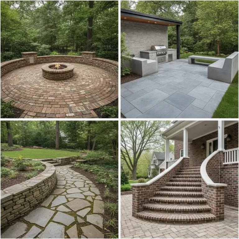 Collage of brick and stone outdoor patios, curved seating walls, and a brick staircase on a wooded property