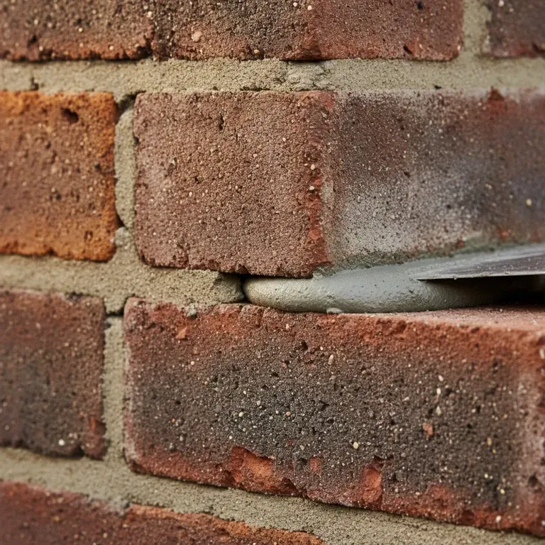 Close-up of a brick wall with a metal tool wedged into a crack