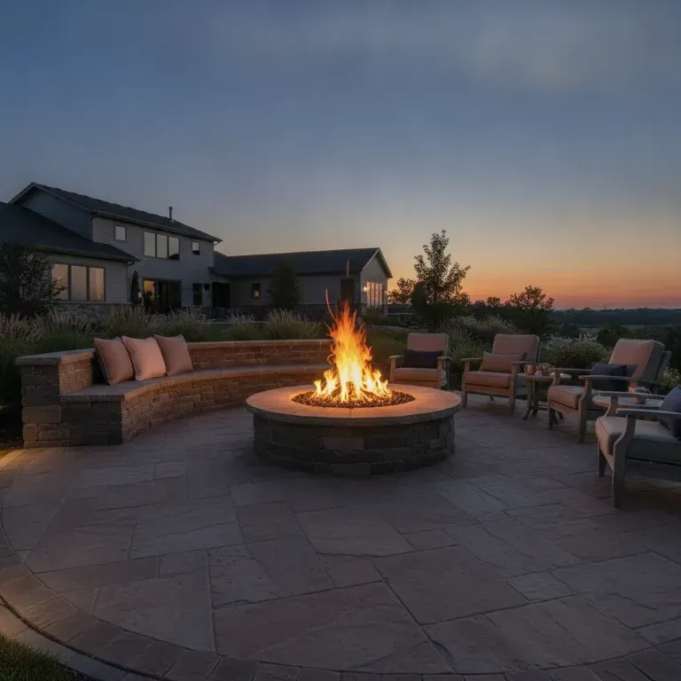 Backyard patio at sunset with a circular fire pit, cushioned seating, and a house in the background