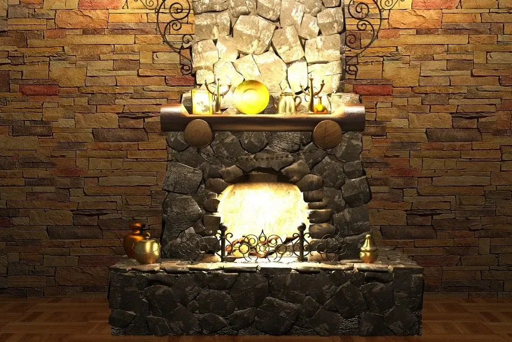 Interior stacked stone fireplace with reclaimed timber mantel in Webster Groves, MO