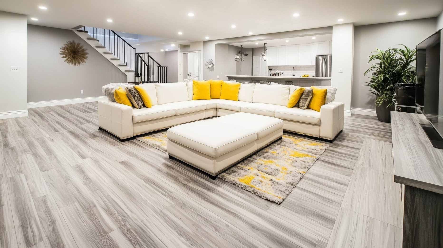 Modern living room with white sectional sofa, yellow pillows, and light wood flooring