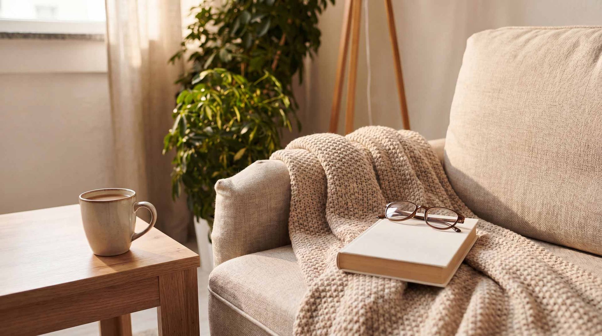 Cozy beige sofa with knitted throw and book beside a mug on a wooden table near a window and plant