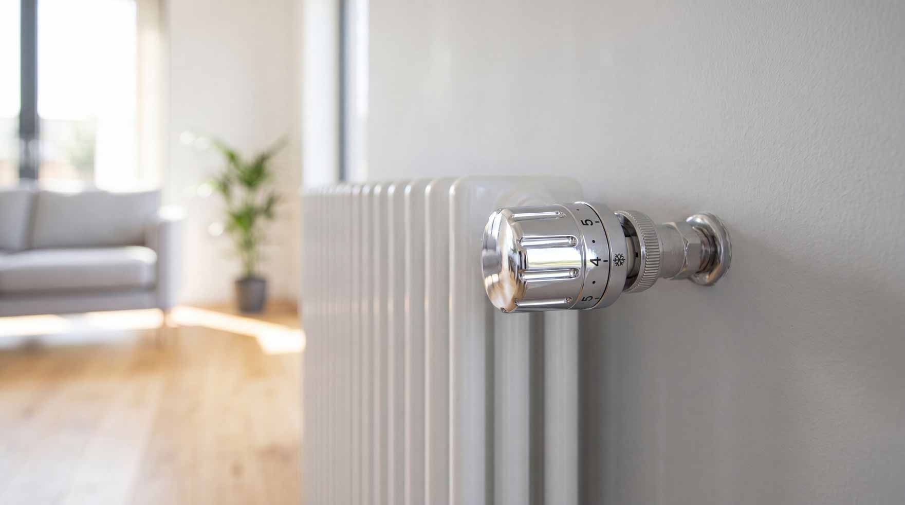 Chrome radiator valve on a white radiator in a bright room with a blurred sofa and plant in the background