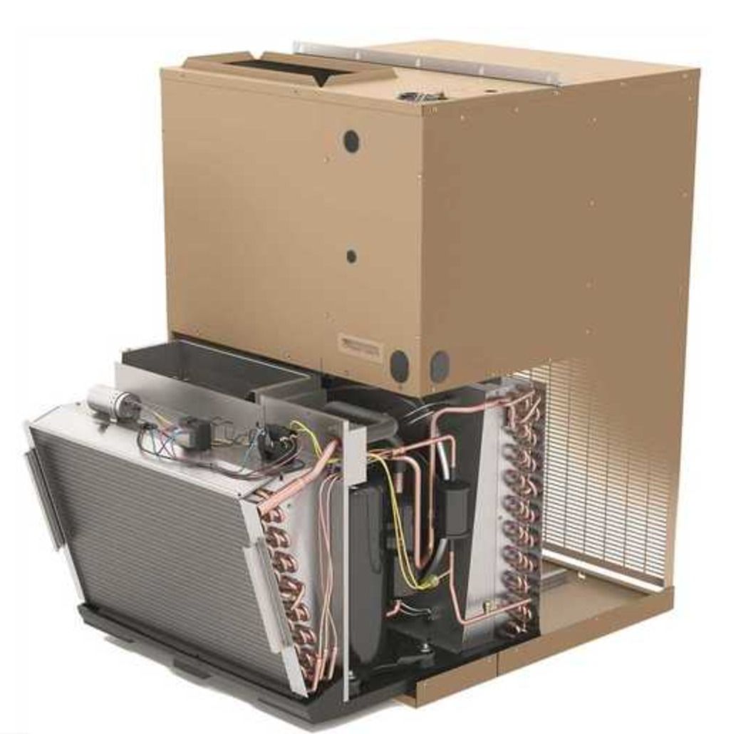 Open cardboard box with exposed electronic or cooling components inside and beside it
