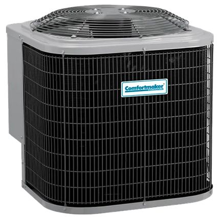 Black outdoor air conditioner condenser unit with a top fan and silver grille