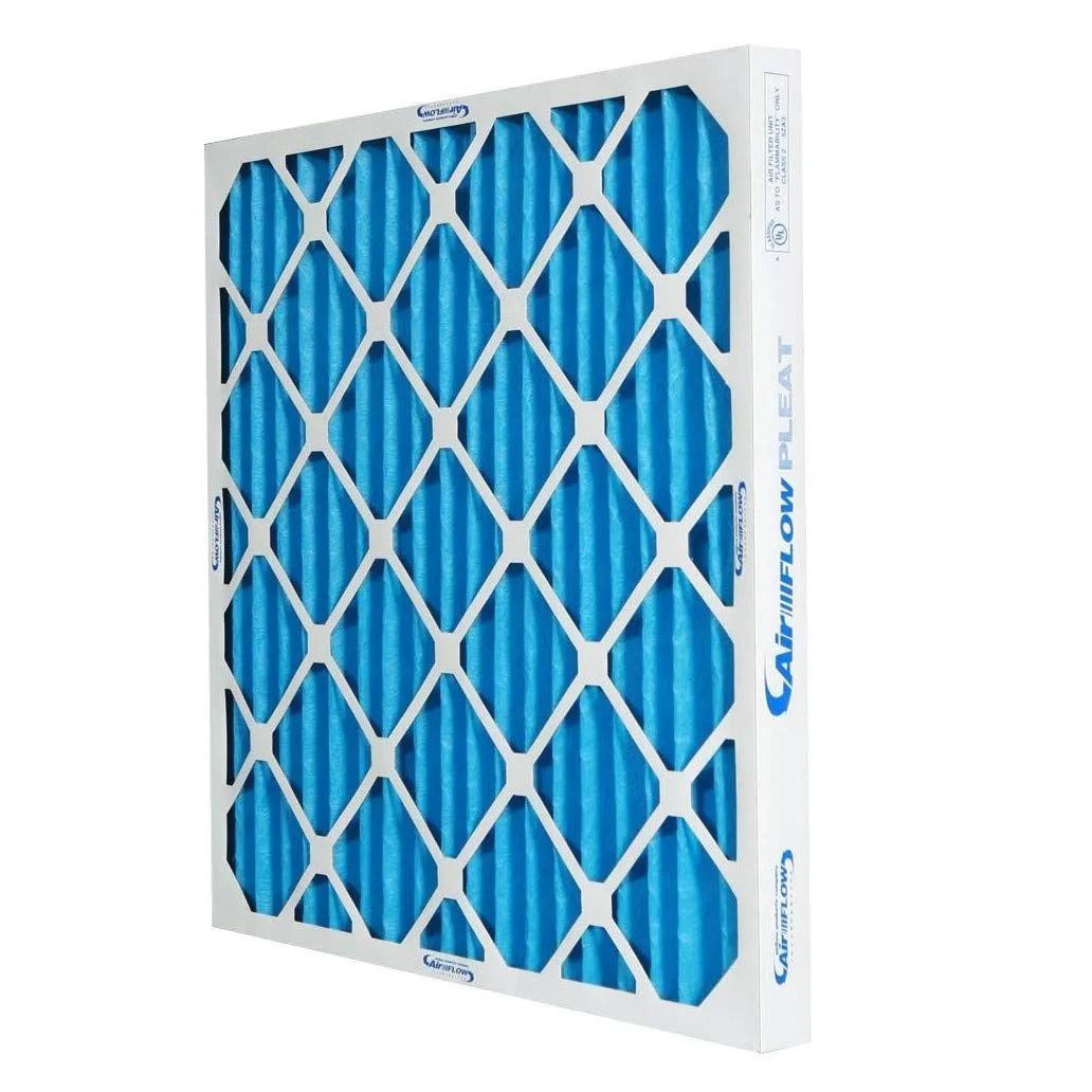 Blue pleated HVAC air filter with white frame and diamond-pattern mesh
