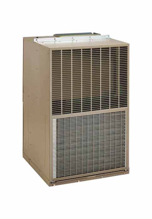 Portable beige air cooler with front grille and handle on top