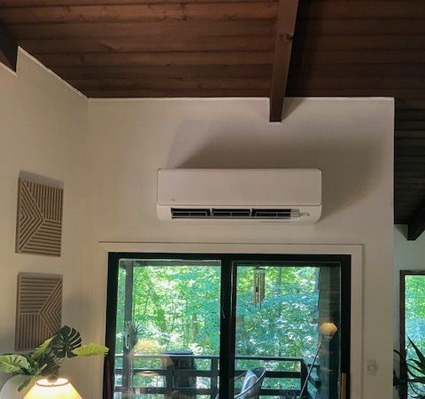 Outdoor air conditioning unit mounted on a wall beside green shrubs, with a metal fan cover.