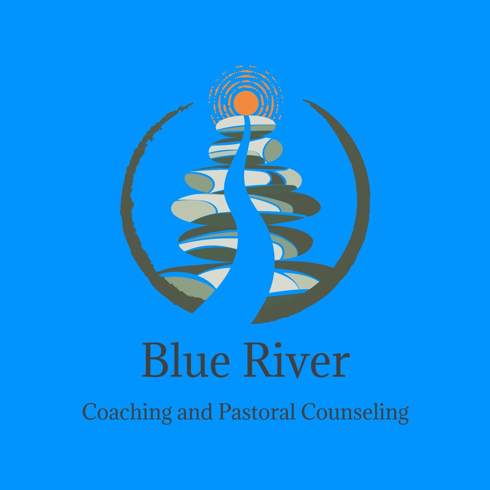 Logo: Stacked stones with river, sun, and Blue River Coaching text on blue background.