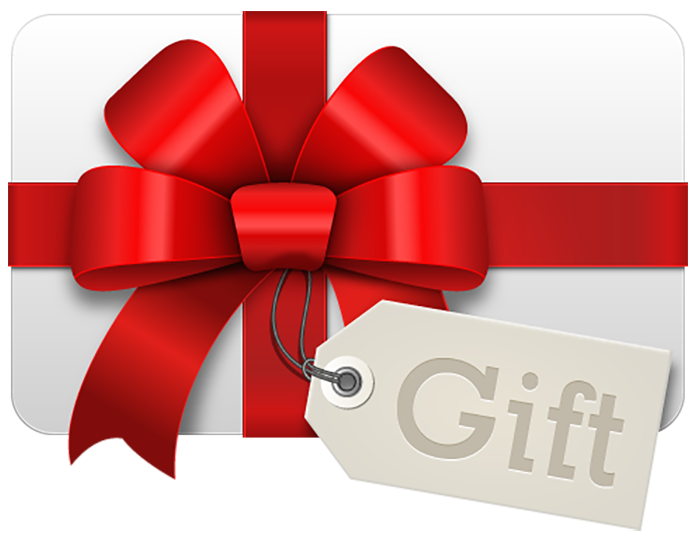Gift card tied with a red ribbon and a gift tag.