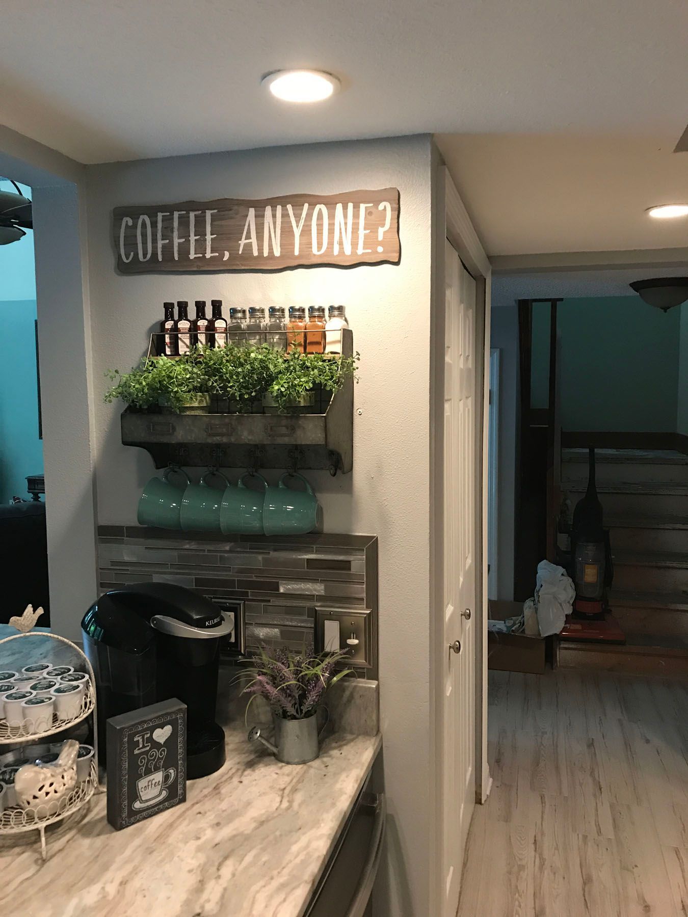A cozy home coffee station featuring a 