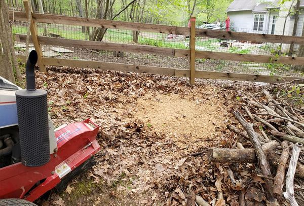 A stump grinder is sitting next to a pile of leaves and a wooden fence.