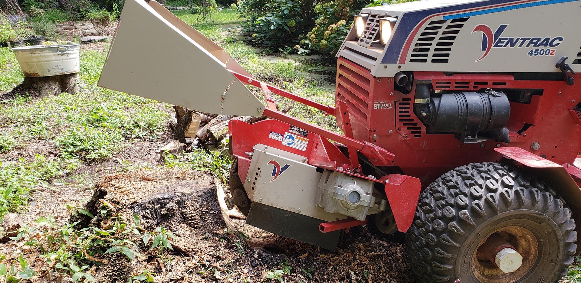 A red and white tractor is cutting a tree stump in a yard.
