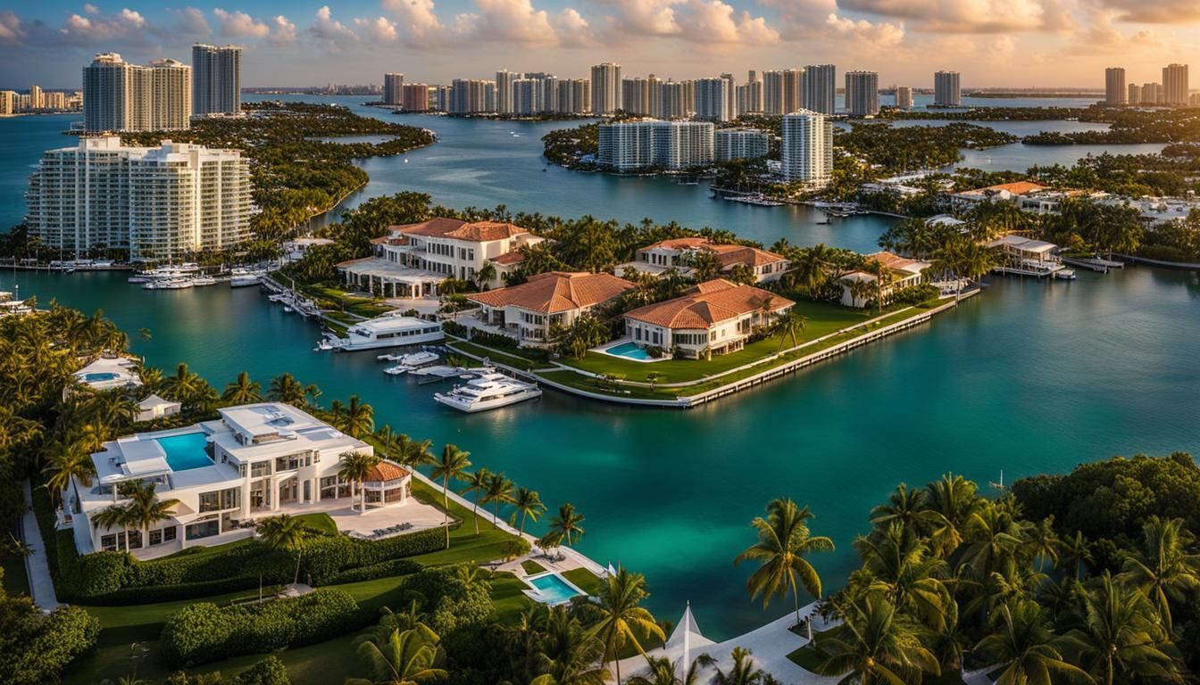 A panoramic view of luxurious mansions on the Miami coast, surrounded by crystal-clear waters. The boat glides smoothly, offering guests a front-row seat to the extravagant lifestyle of the rich and famous. On each side of the boat, the magnificent houses stand tall, with sleek yachts and speedboats parked at their docks. The sun shines bright in the sky, casting a warm glow on everything it touches. In the distance, palm trees sway lazily in the gentle breeze, completing the idyllic scene.