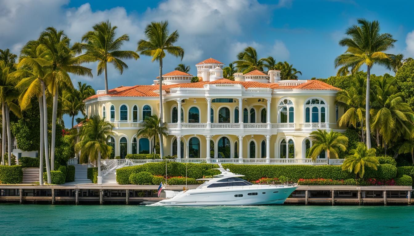 A view from the water of Miami's luxurious Star Island homes, showcasing their grandeur and opulence. The boat tour follows a scenic route around the island, highlighting its famous landmarks and celebrity-owned properties. Bright blue skies and crystal clear waters contrast with the vibrant green trees and colorful architecture of the homes, creating an exquisite and unforgettable visual experience.