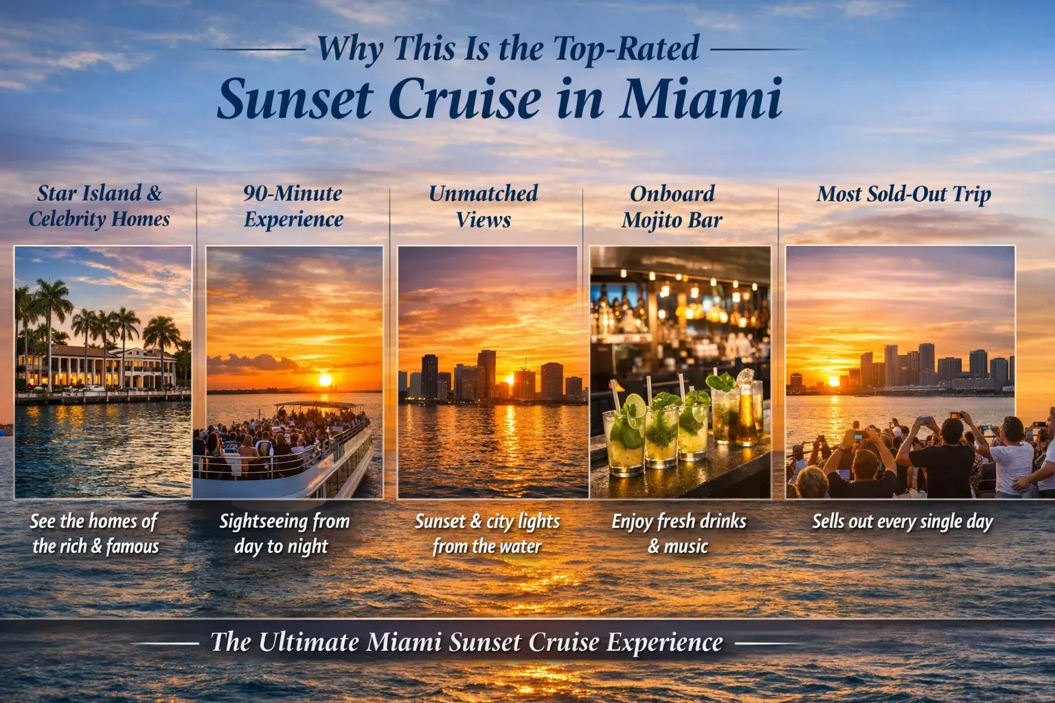 Miami top sightseeing cruise infographic showing best times, skyline views, and water activities in Miami