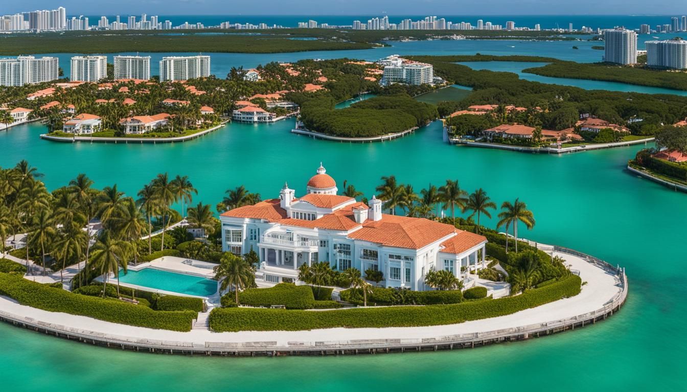 A panoramic view of star-studded mansions on Star Island seen from a boat on the turquoise waters of Miami.