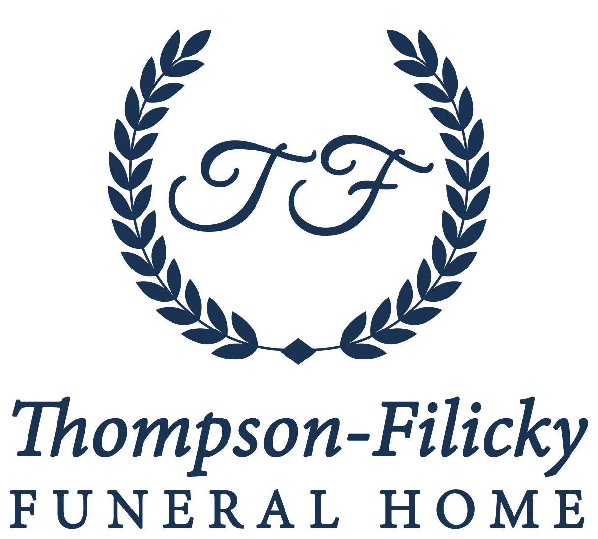 Logo for Thompson-Filicky Funeral Home, featuring the letters "TF" inside a dark blue laurel wreath.