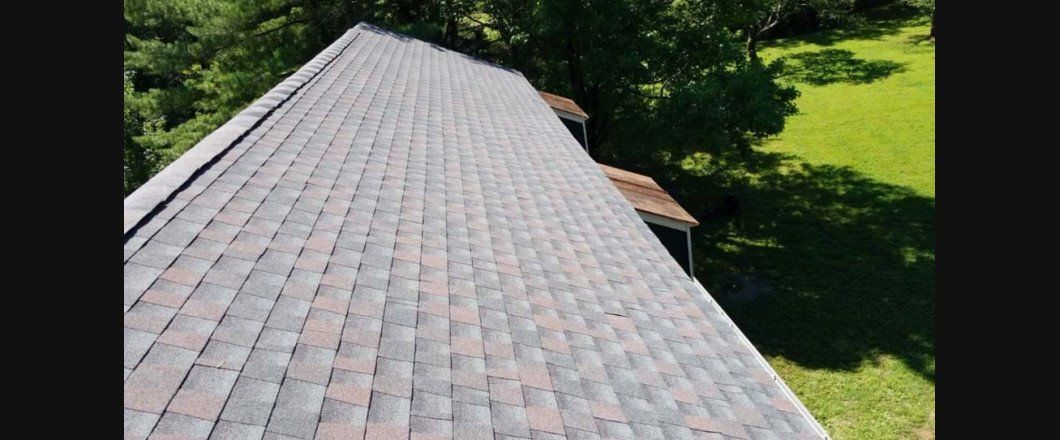 Gray shingled roof seen from above, bordered by green trees and grass.