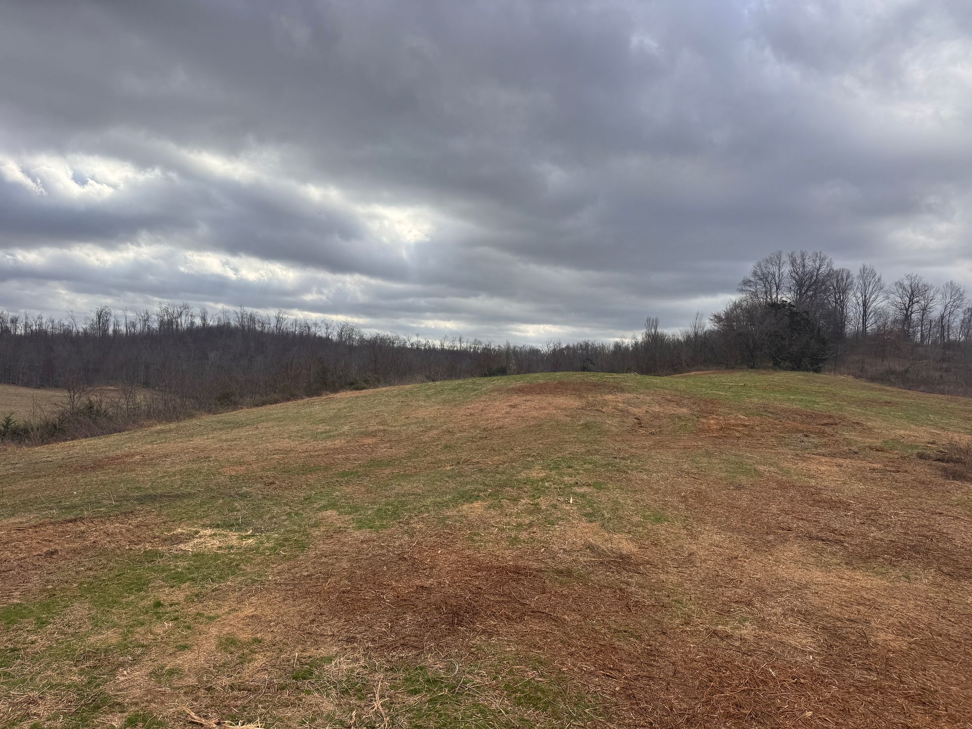 A hilly, grassy field with patches of exposed red soil under a cloudy, overcast sky.
