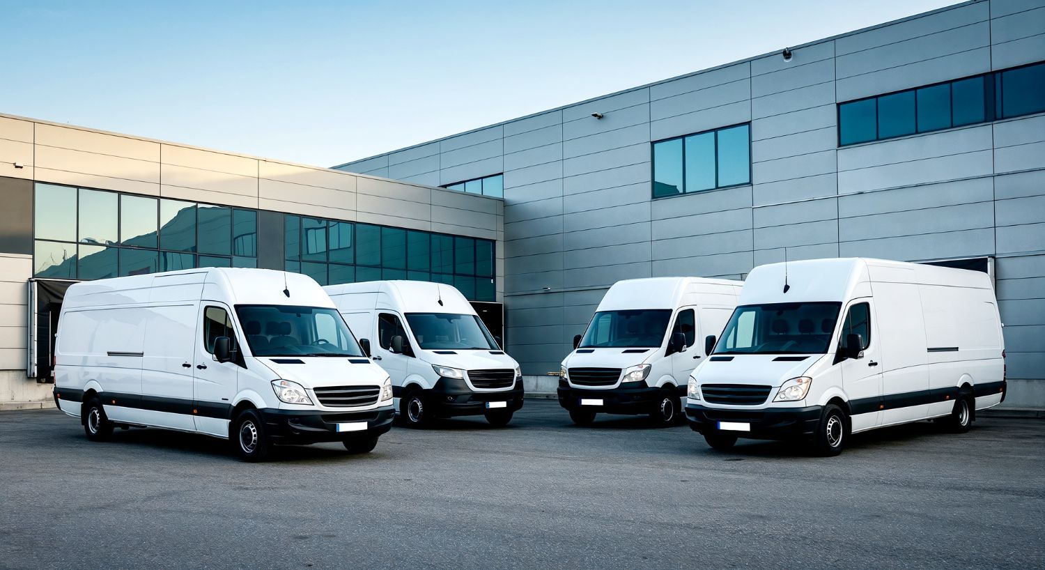 Logistics company vans parked outside warehouse facility