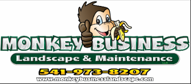 Logo for Monkey Business Landscape & Maintenance featuring a cartoon monkey giving a thumbs-up, phone number, and website.