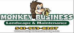 Logo for Monkey Business Landscape & Maintenance featuring a cartoon monkey giving a thumbs-up, phone number, and website.