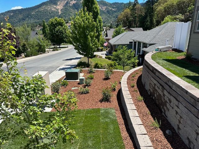 A terraced yard with a stone retaining wall, mulch garden bed with small plants, and a manicured lawn by a suburban street.