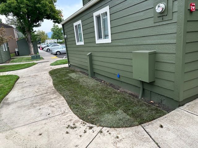 A paved walkway curves past the green exterior wall of a building with two windows and a mounted utility box.