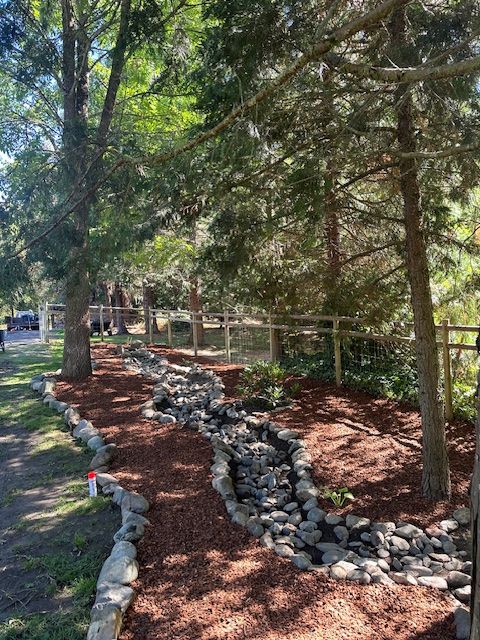 A dry creek bed lined with rocks and reddish-brown mulch, winding through a wooded area under mature trees.