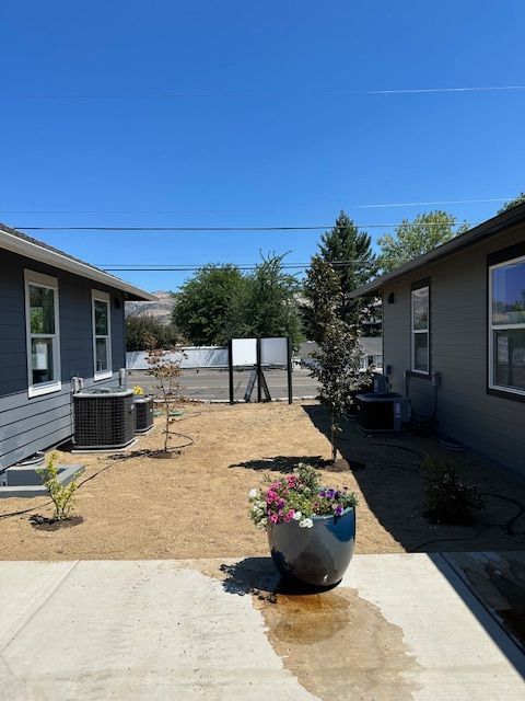 A sunny, gravel backyard space between two gray houses with a potted flower arrangement on a concrete patio.