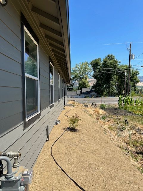 Gray siding of a house runs alongside a sloped, sandy yard with a black irrigation hose, trees, and a road in the distance.
