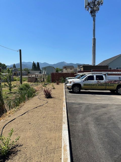 A white pickup truck parked on an asphalt lot beside a strip of dry landscaping with small plants and mountains beyond.