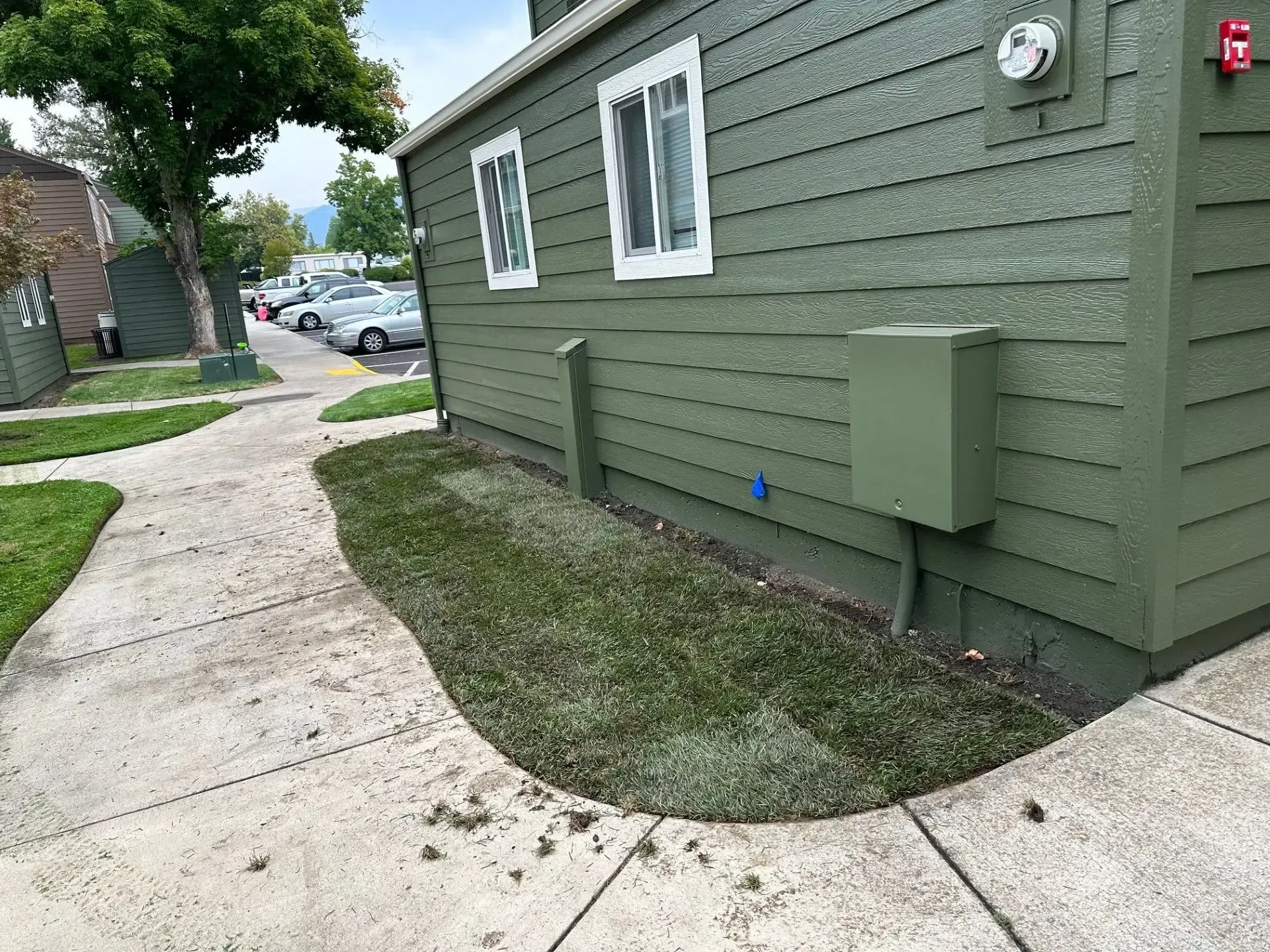 A side view of a green building with a rectangular utility box on the wall, next to a concrete walkway and small lawn.