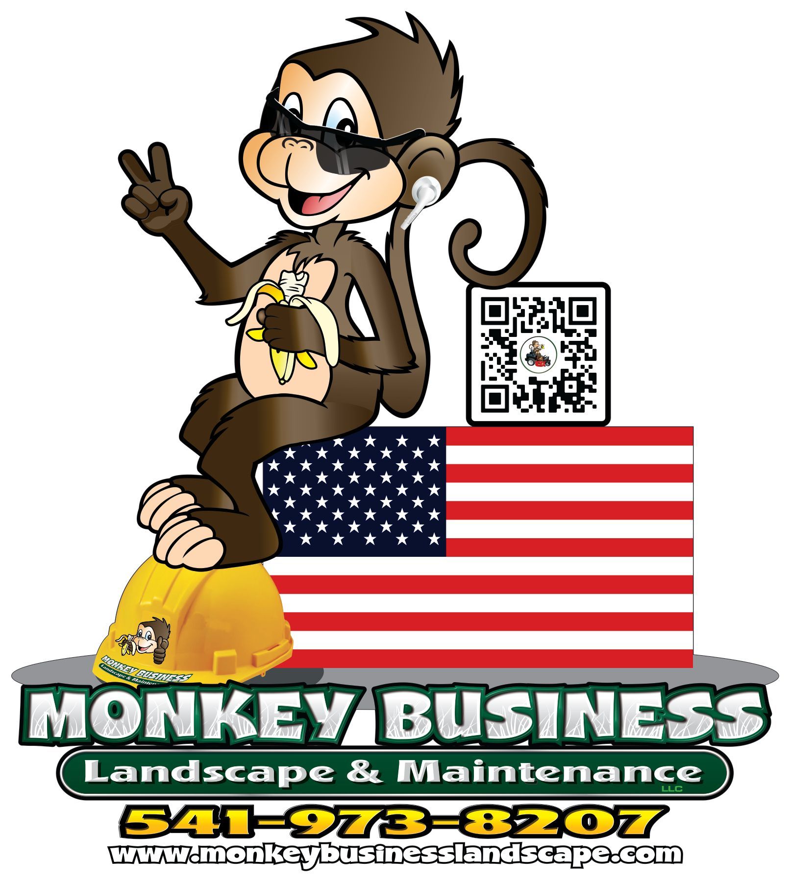 A monkey with sunglasses and a banana sits on a hard hat and an American flag. Includes business name, phone, and website.