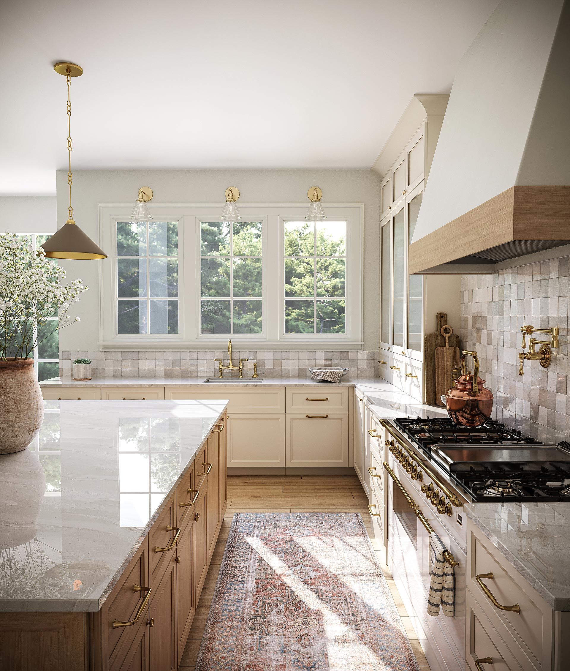 Bright, modern kitchen with a marble island, white cabinets, large window, and sunlit patterned rug.