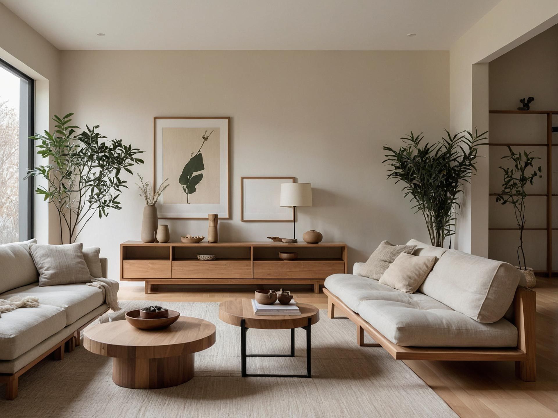 Bright minimalist living room with beige sofas, wooden coffee table, plants, and framed wall art.