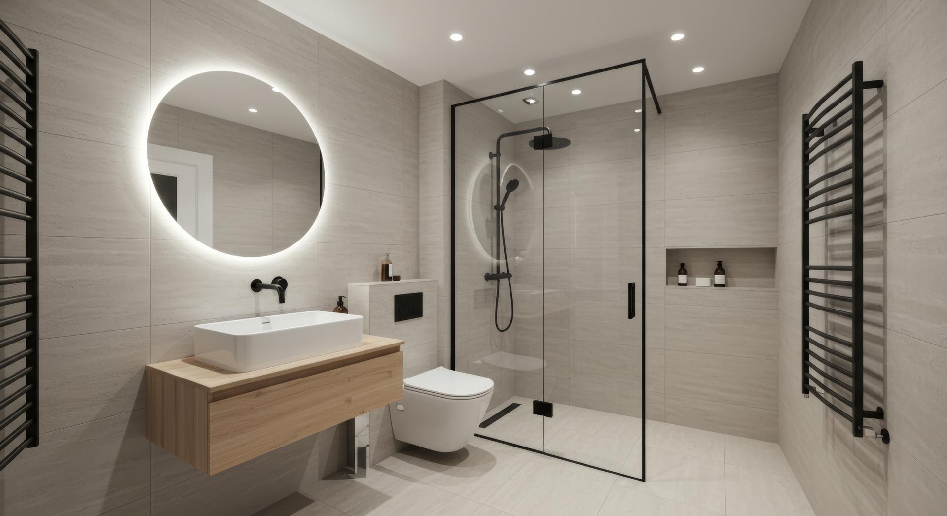 Modern minimalist bathroom with wood vanity, round mirror, walk-in shower, toilet, and black towel warmers.