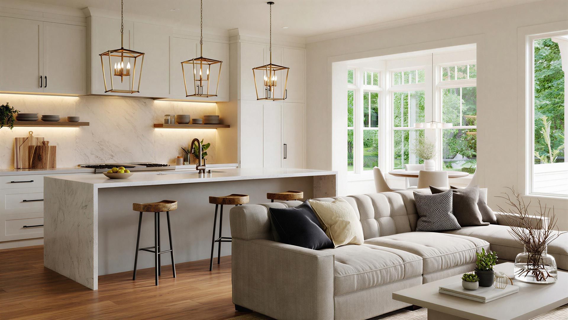 Modern open-plan kitchen and living room with white island, beige sofa, pendant lights, and large windows
