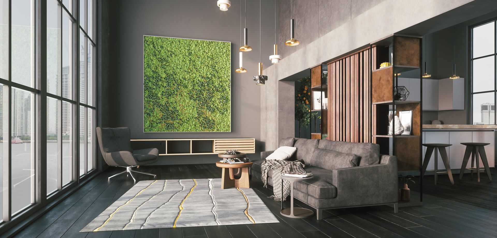Modern living room with gray sofa, rug, black chair, large windows, and a green wall panel