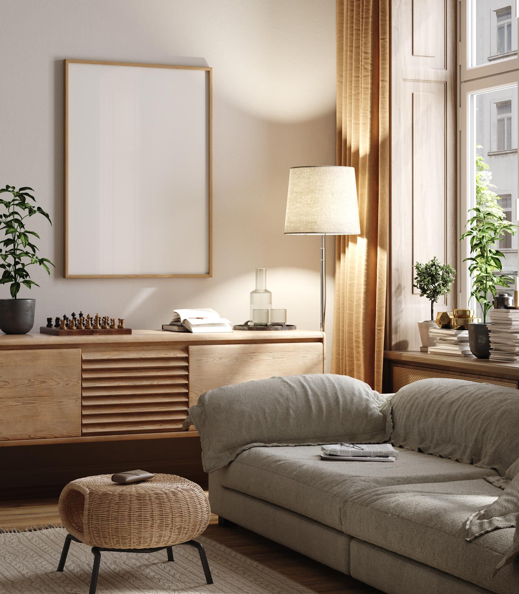 Cozy living room with a beige sofa, woven ottoman, floor lamp, and sunlit window by a wooden sideboard