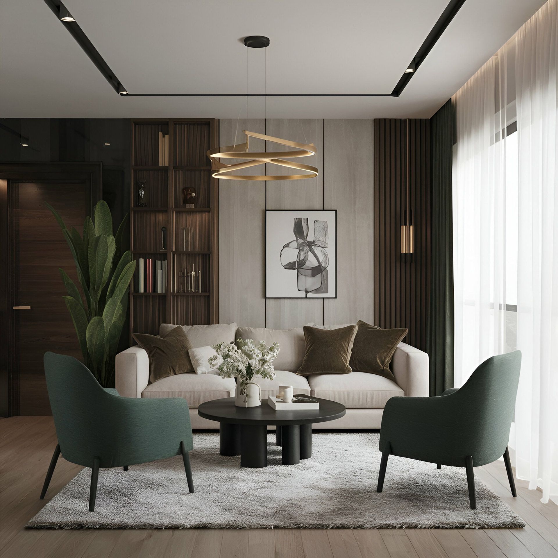 Modern living room with cream sofa, green chairs, wood shelves, and a gold chandelier